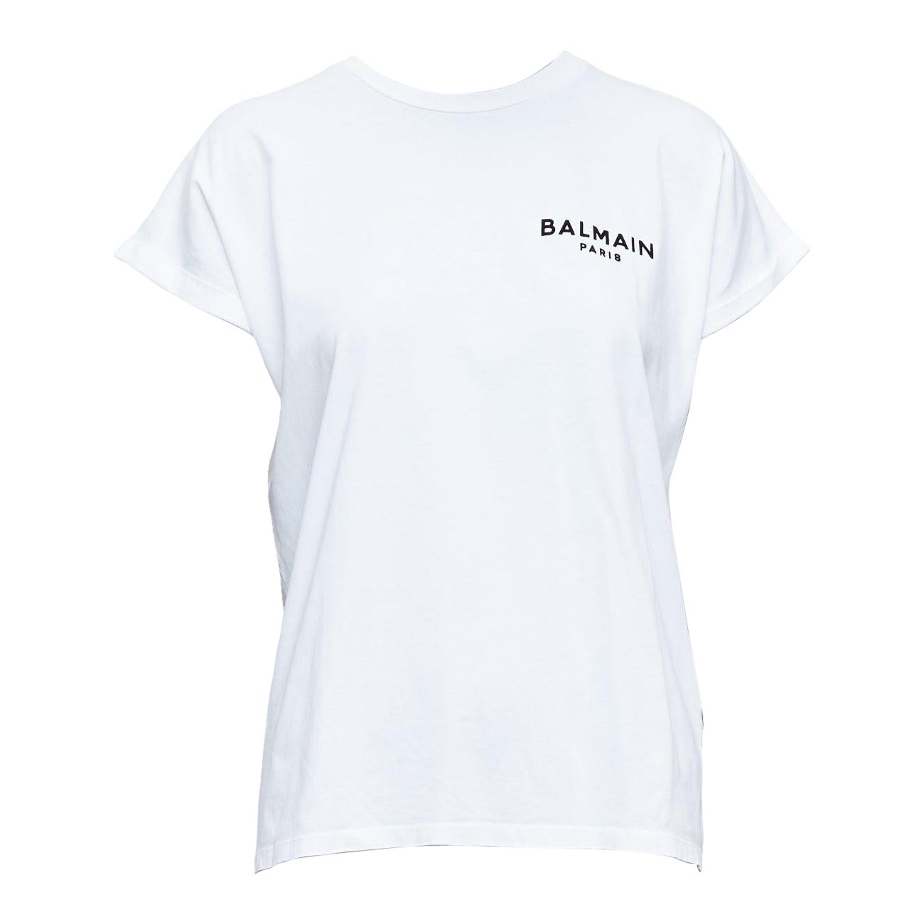 BALMAIN blanco algodón negro logo fieltro impresión gorra manga rodillo camiseta XS