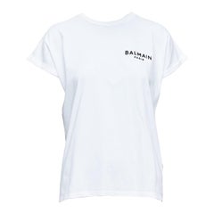 BALMAIN Weißes Baumwoll-Tshirt mit Rollkragenärmeln und schwarzem Logo und Filzdruck XS