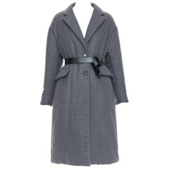 PRADA 2022 grey cashmere wool leather logo belt padded coat IT40 S