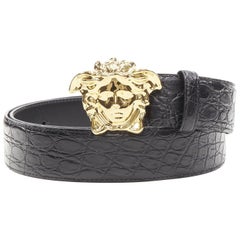 VERSACE $1200 La Medusa hebilla de oro cinturón de cuero escamado negro 95cm 36-40"