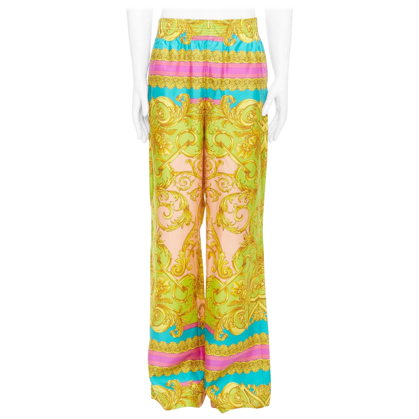 VERSACE Barocco Goddess Pantalones de pernera ancha con estampado gráfico en sarga de seda 100% EU48 M