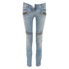 BALMAIN blue faded washed ribbed denim moto biker jeans FR36 S