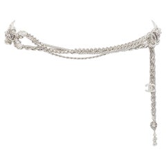 rare CHANEL 08A silver tone crystal CC logo layered multi chain charm belt