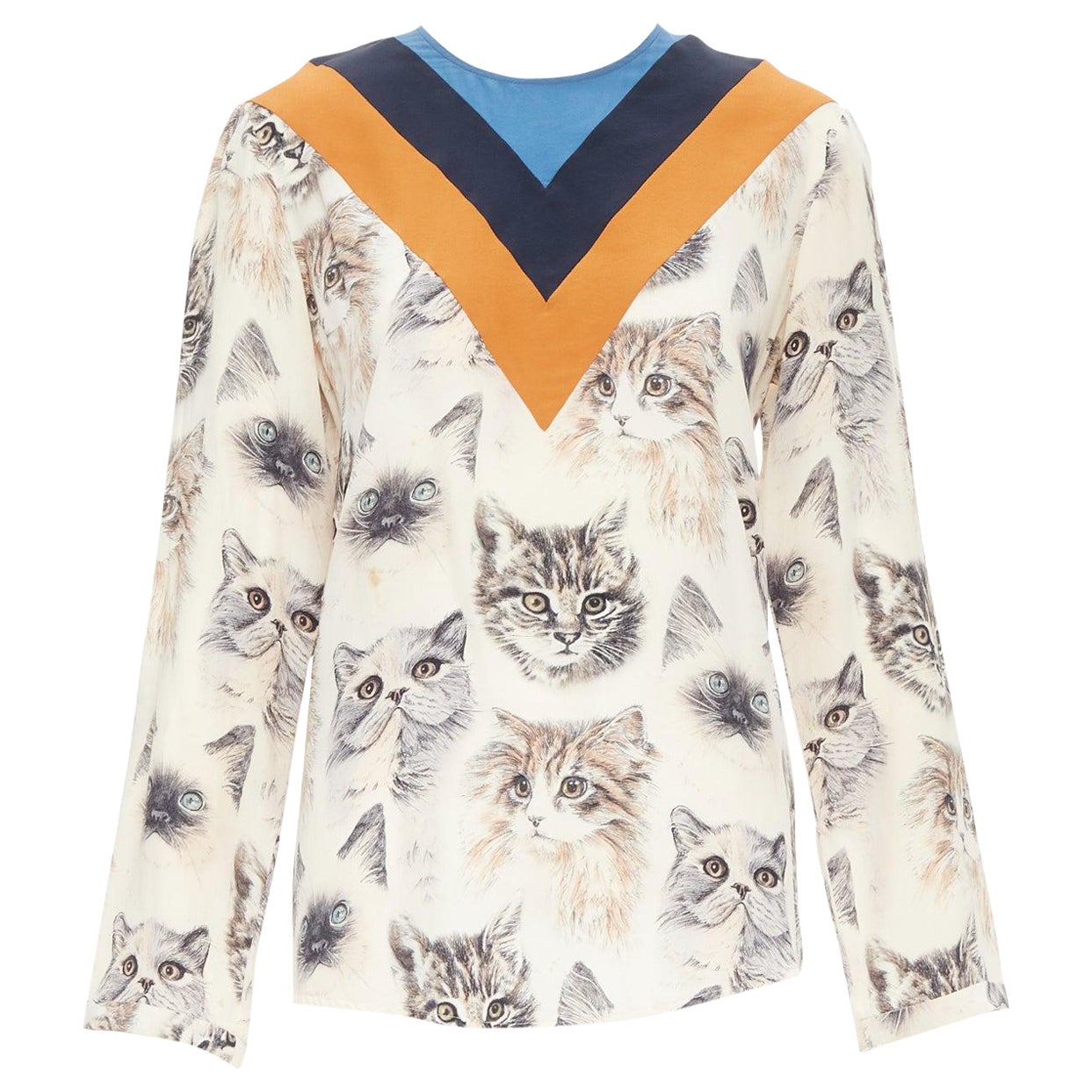 Stella McCartney 2016 100% seta  camicetta beige arancione con stampa gatto IT38 XS in vendita