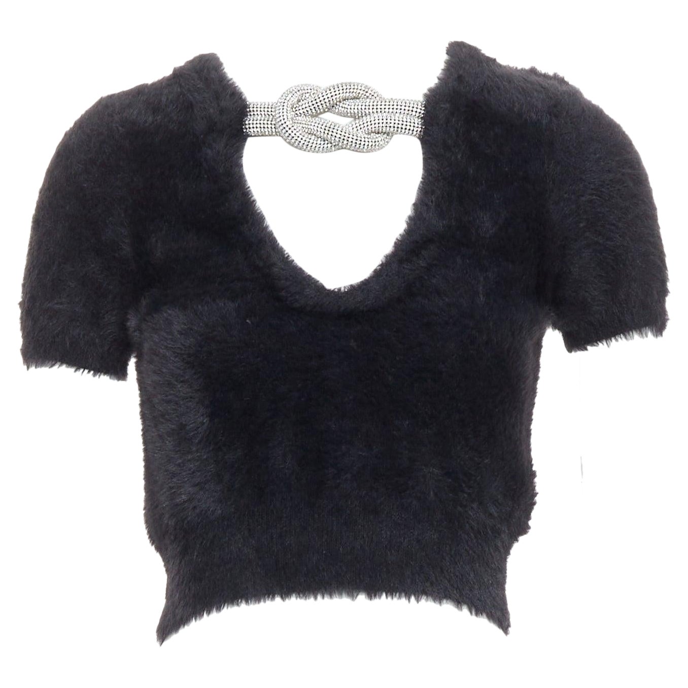 ALEXANDER WANG Crystal Knot black fuzzy V0-neck cropped sweater XS For Sale