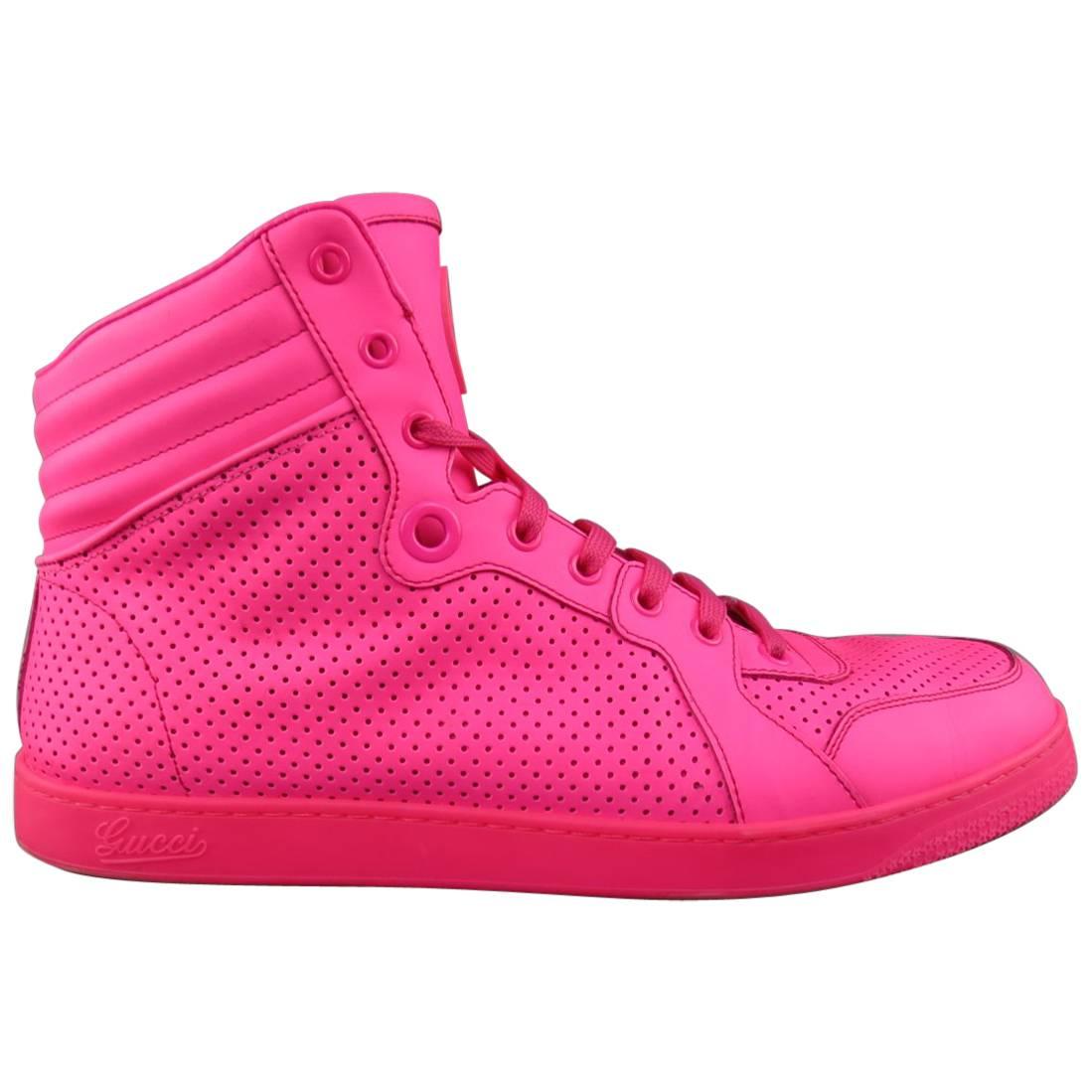 Men's GUCCI Size 11 Neon Pink Perforated Leather High Top CODA Sneakers