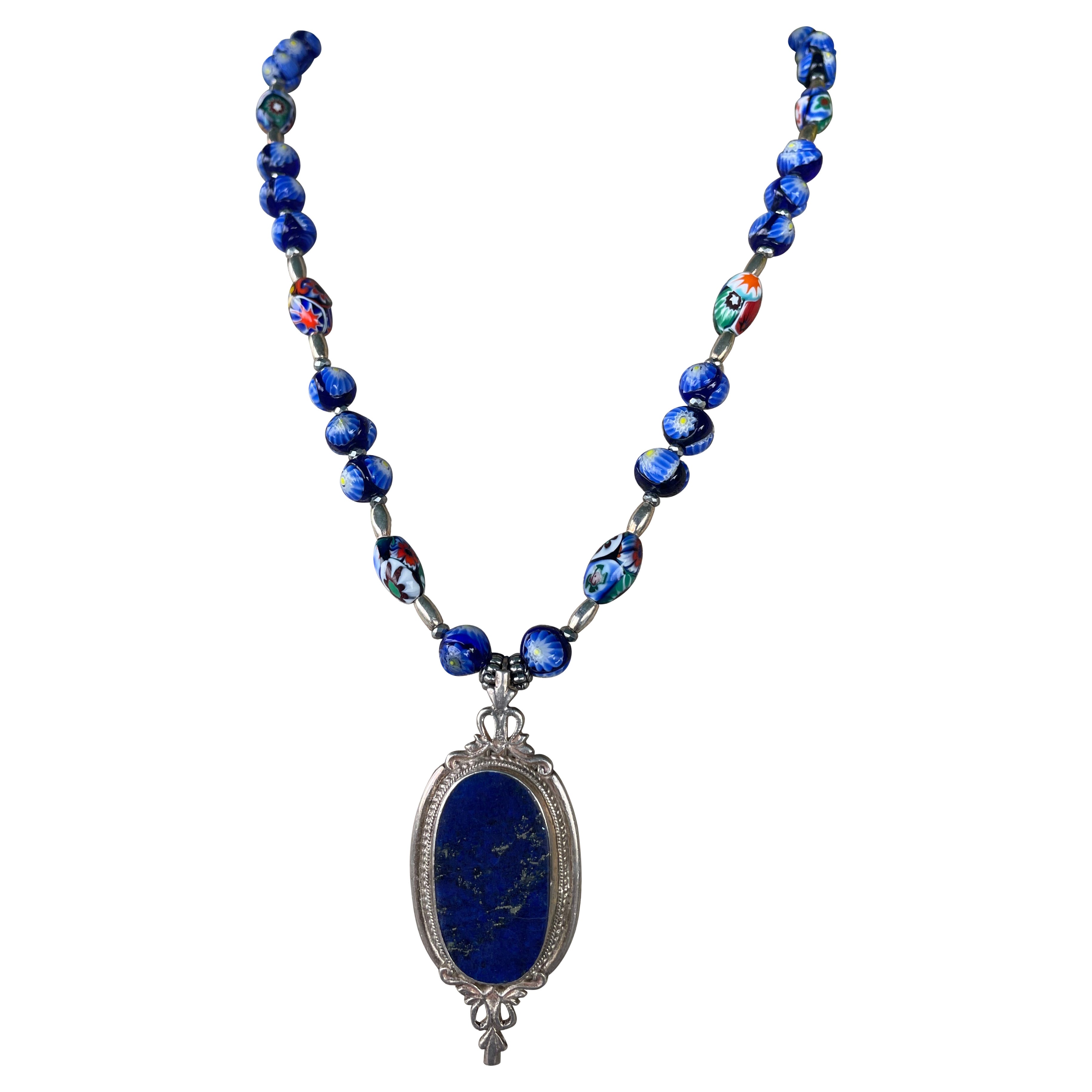 LB offers Vintage Sterling Lapis pendant vintage Venetian glass beads necklace For Sale