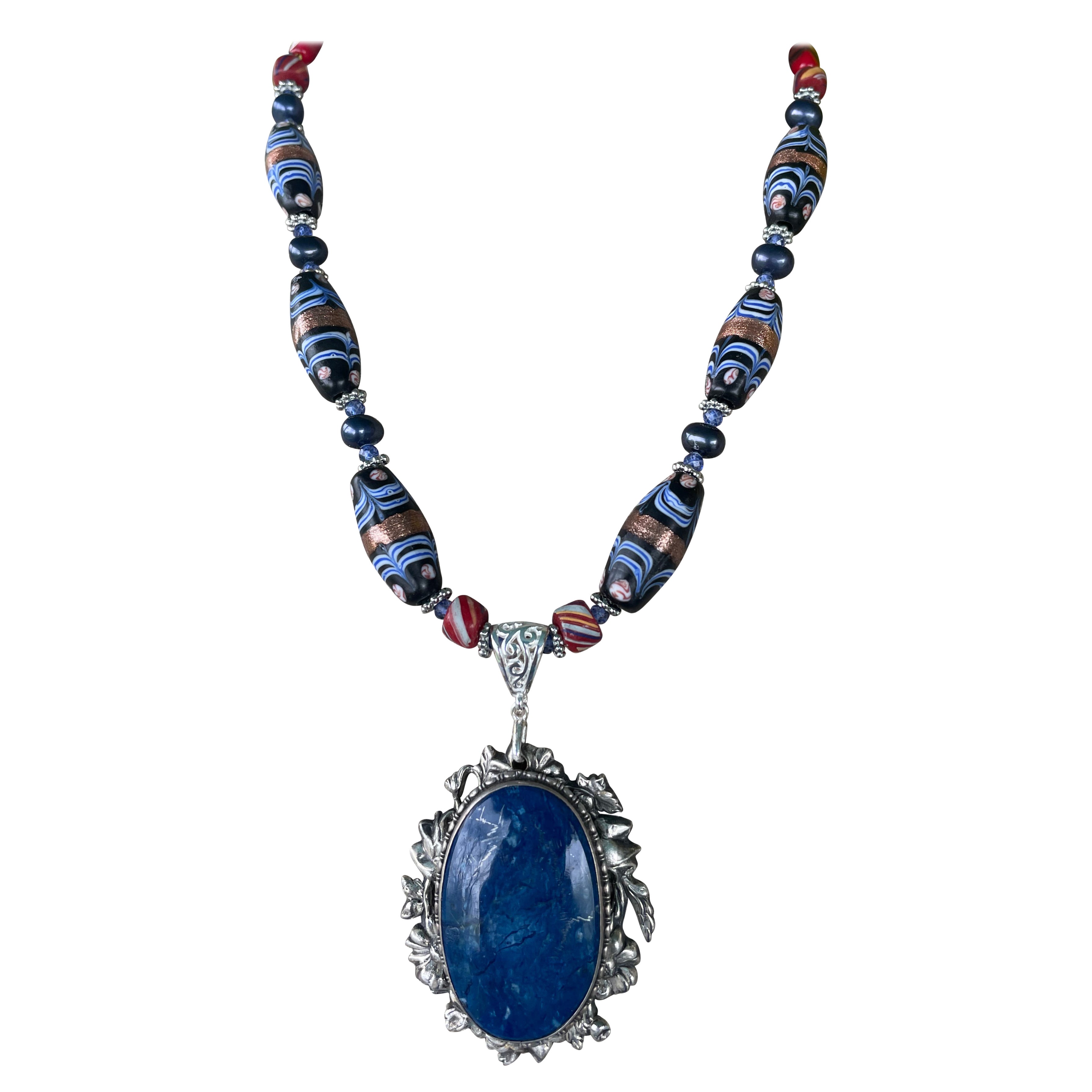 LB offers Vintage Afghani Lapis Lazuli pendant Venetian glass vintage necklace For Sale