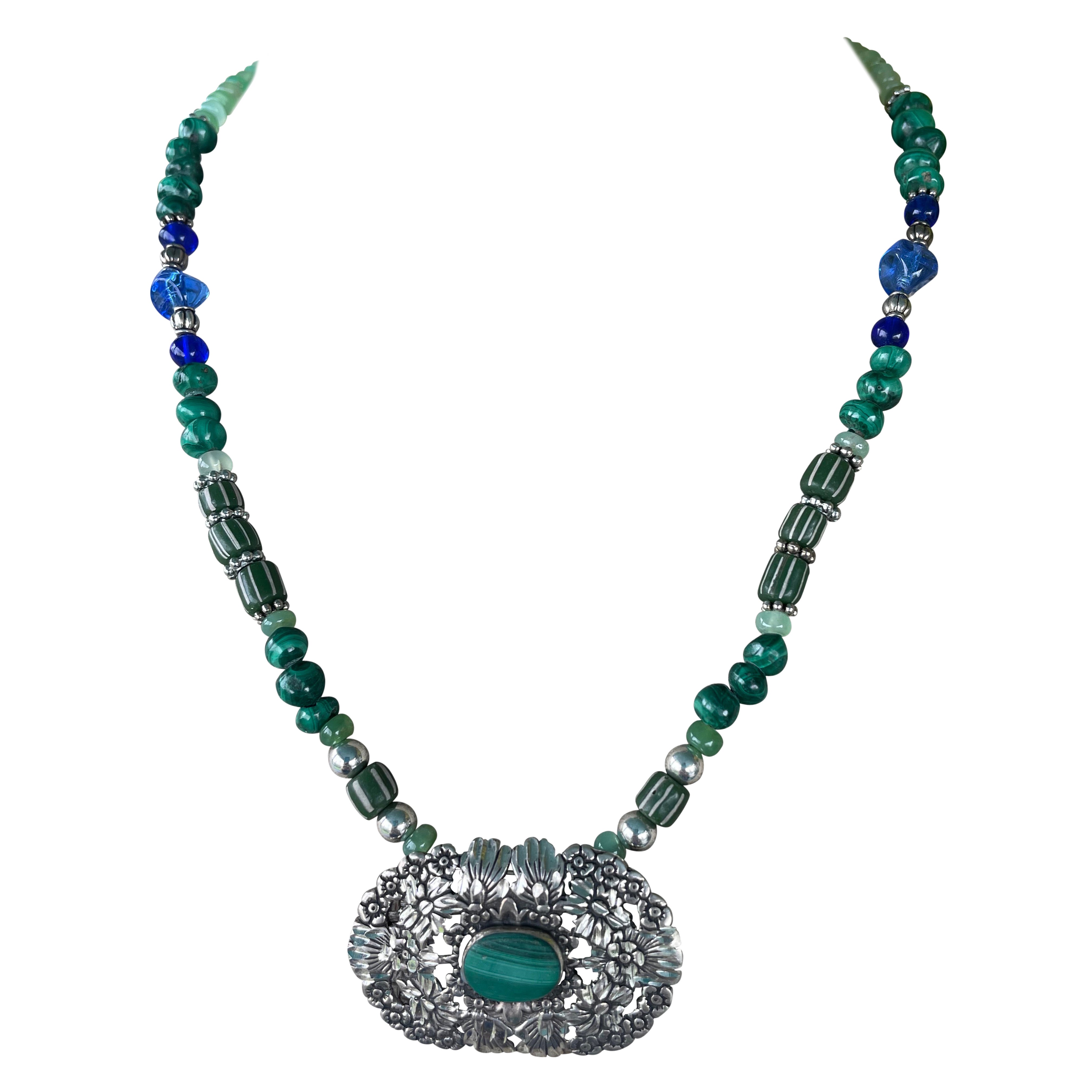 LB bietet Vintage Sterling Malachit-Anhänger-Halskette aus venezianischem Kristall und Sterling