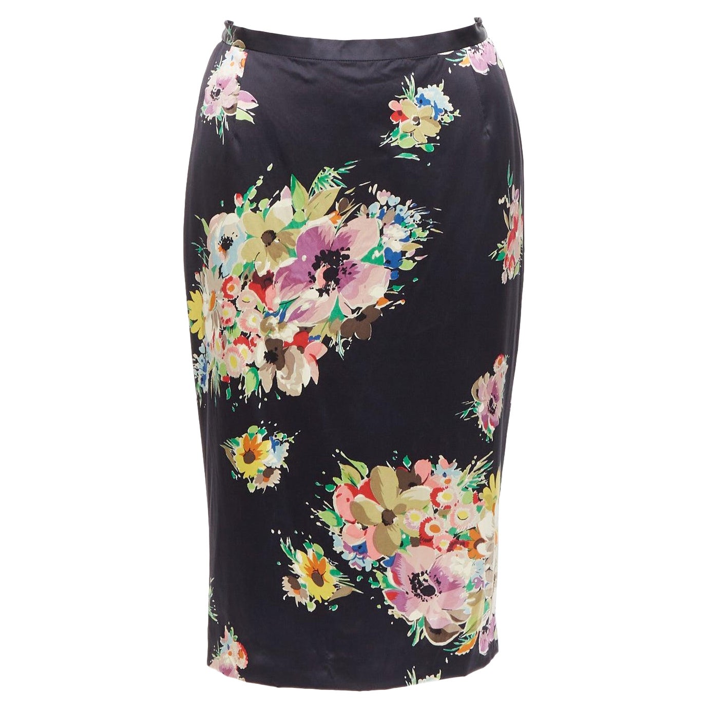 DOLCE GABBANA gonna a tubino in misto seta nera con stampa floreale multicolore IT40 S