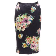 DOLCE GABBANA black silk blend multicolor floral print pencil skirt IT40 S