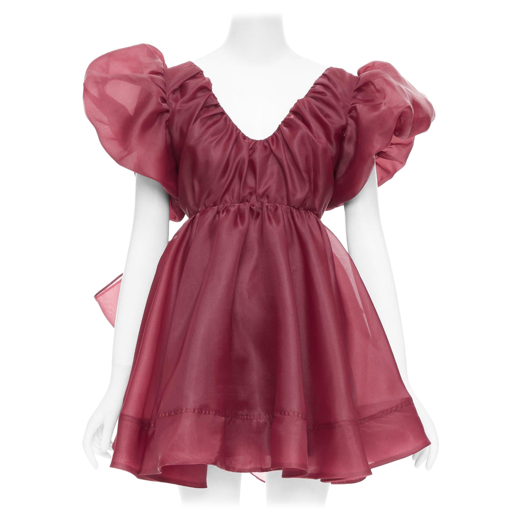 AJE Greta kastanienbraunes burgunderrotes Organza-Minikleid mit Puffärmeln UK6 XS
