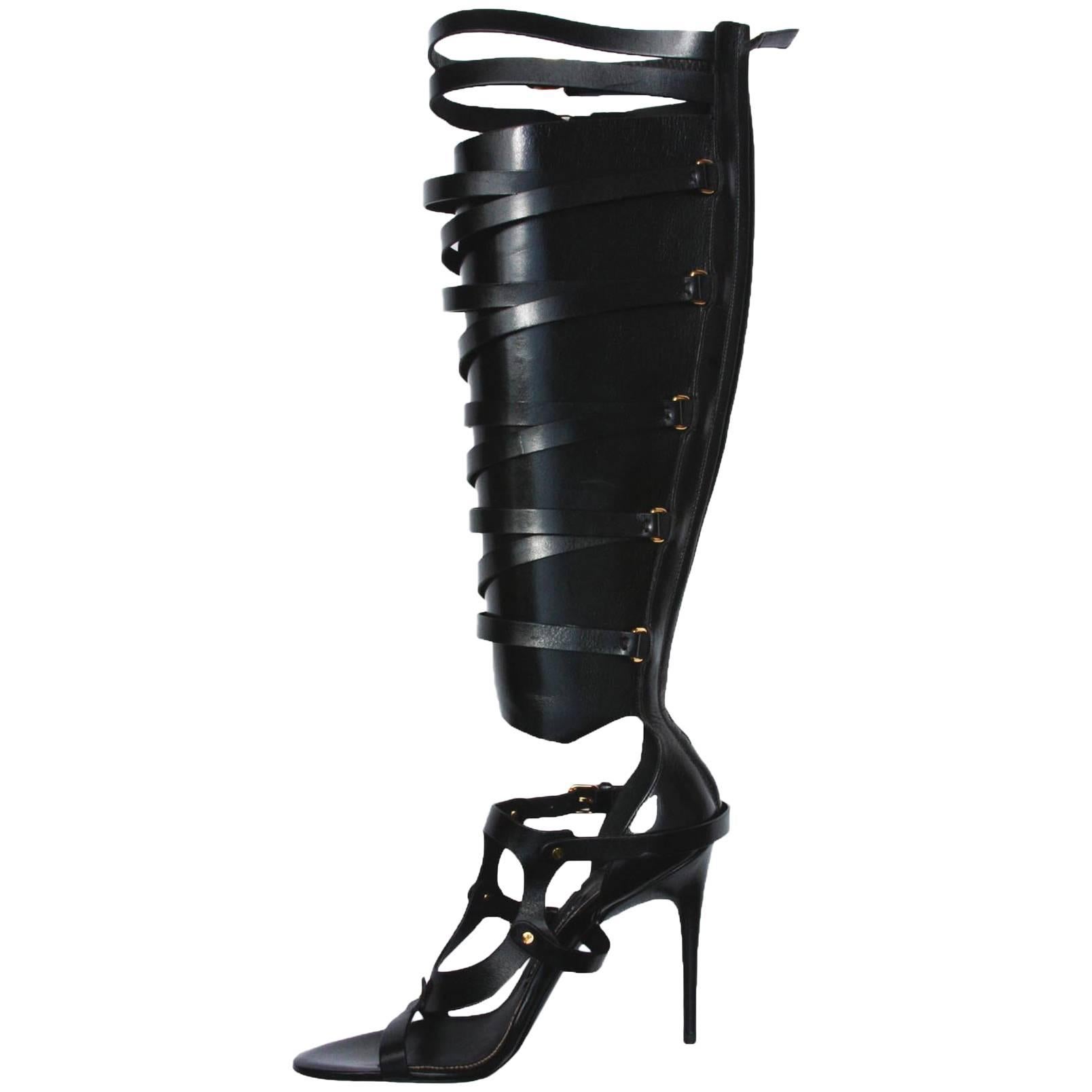New TOM FORD Black Strappy Buckled Sandal Leather Gladiator Boots It. 39.5