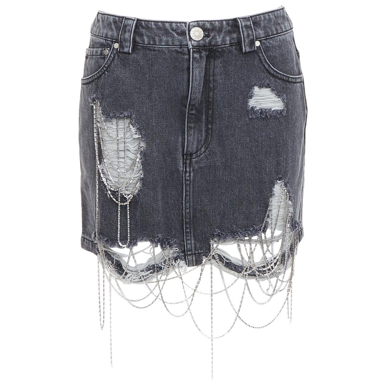 MARK GONG mini-jupe grise à franges et perles vieillies IT36 XXS en vente