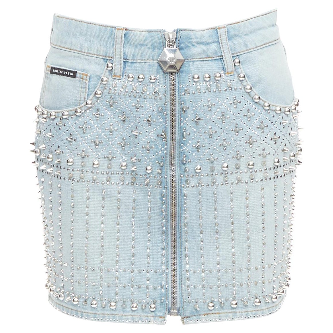 PHILLIP PLEIN Nueva Falda azul algodón tachuelas cristal cremallera delantera falda 25"