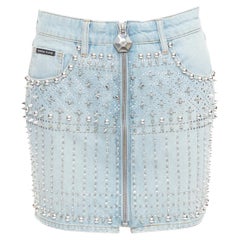 Jupe PHILLIP PLEIN neuve en coton bleu avec clous et fermeture éclair sur le devant 25 po.