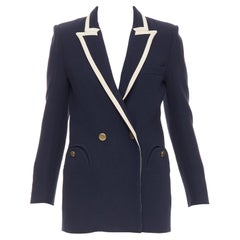 BLAZE MILANO Blazer de diario de lana virgen azul marino con ribetes de seda y bolsillos curvados US0 XS