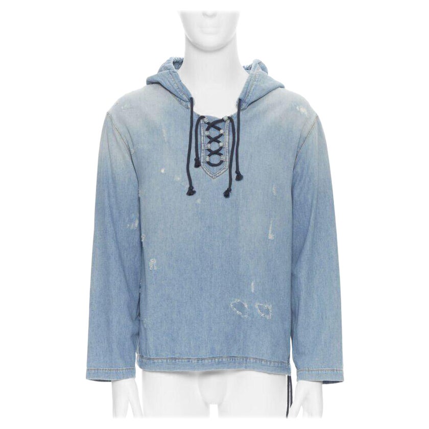 SAINT LAURENT 2018 distressed destroyed denim lace up hoodie pullover S
