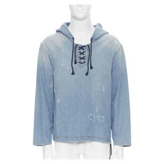 SAINT LAURENT 2018 Kapuzenpullover mit Schnürung aus zerstörtem Denim S