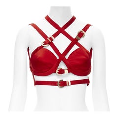 VERSACE 2019 Runway S&M Bondage Tribute top in seta rossa con fibbia dorata IT38 XS