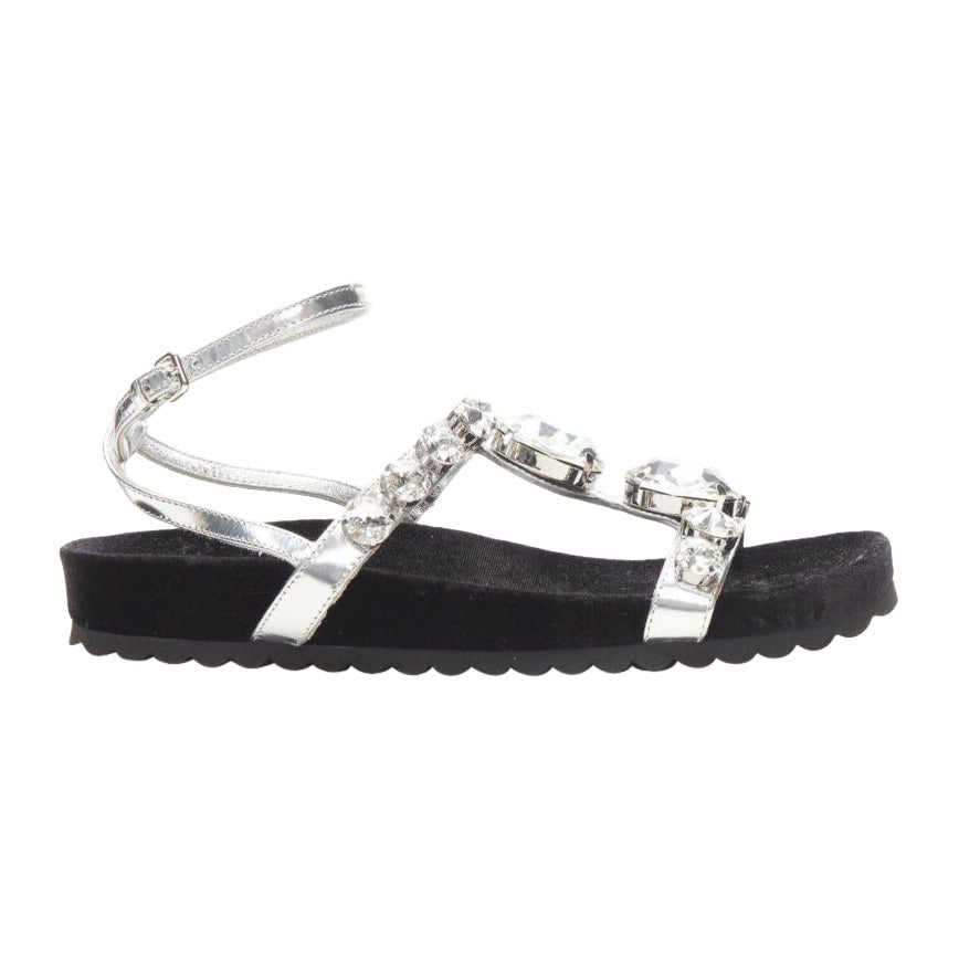 MIU MIU sandali piatti in velluto argento metallizzato con strass grandi EU36 in vendita