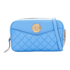 VERSACE blue lambskin leather quilted gold Medusa chain crossbody bag Medium