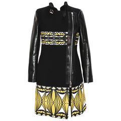 New ETRO Double Zip Fox Collar Leather Sleeve Black Yellow Coat 42 - 6