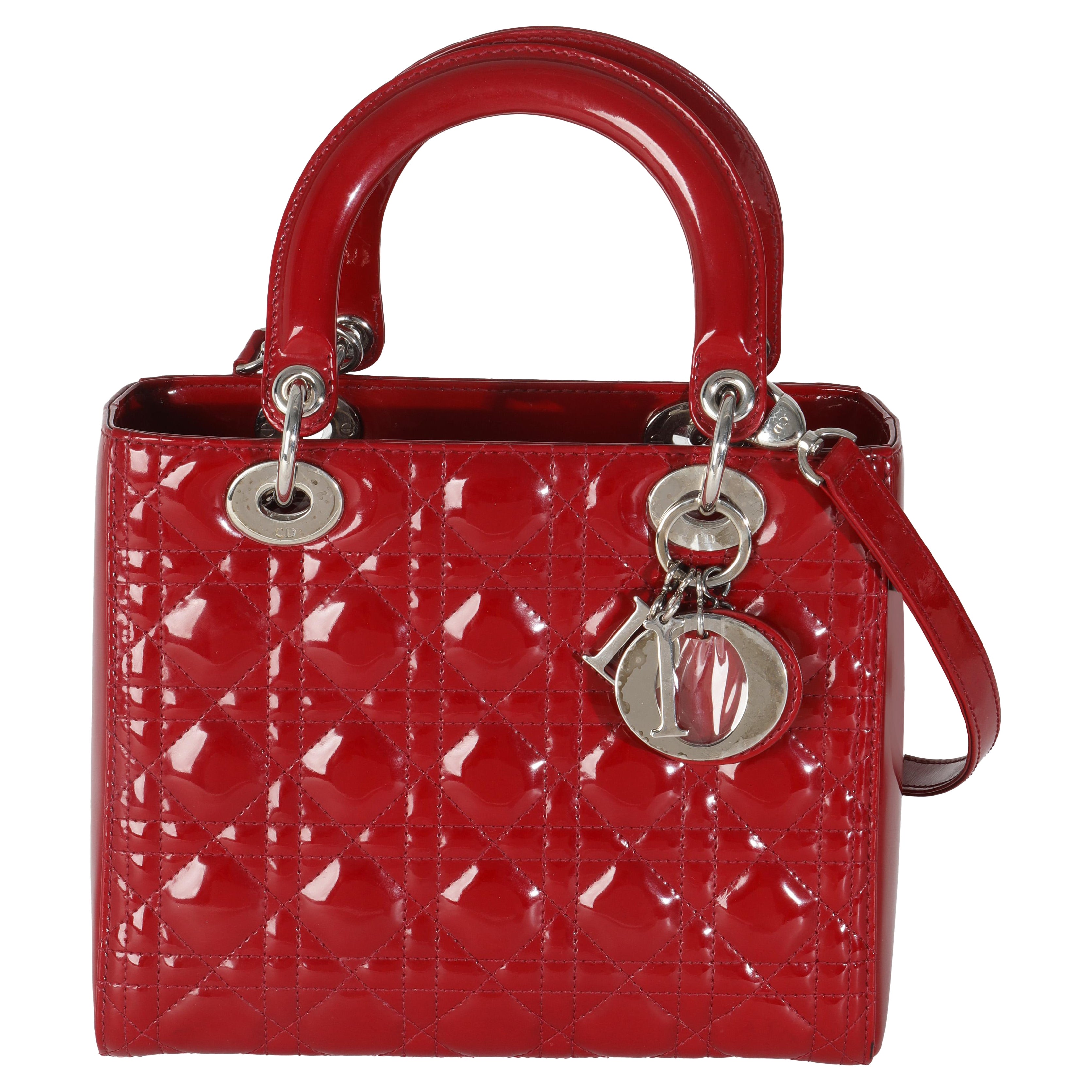 Christian Dior Red Patent Cannage Medium Lady Dior For Sale