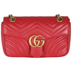Gucci Red Matelasse Calfskin Small GG Marmont Flap Bag