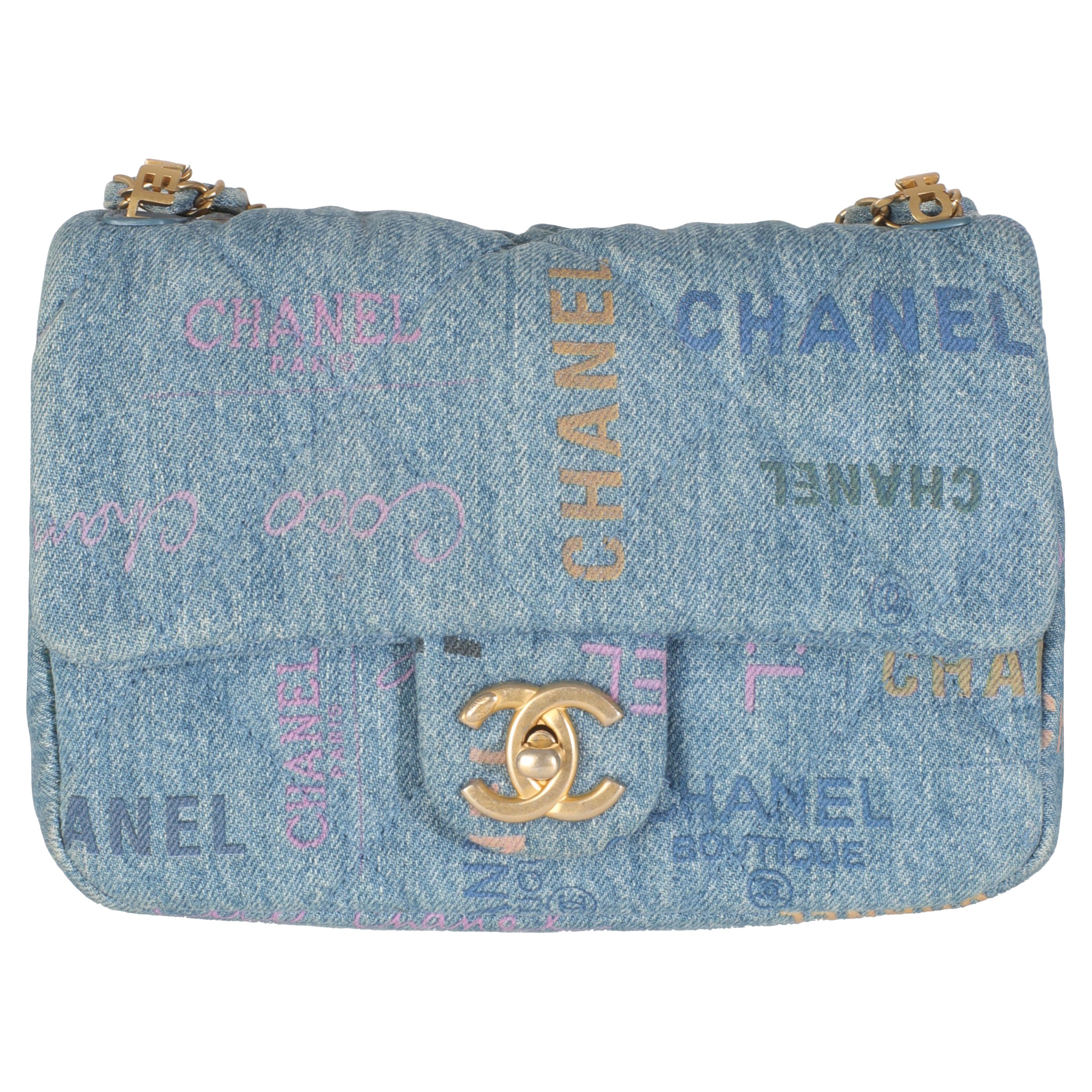 Chanel Blue Quilted Denim Printed Small Mood Flap Bag