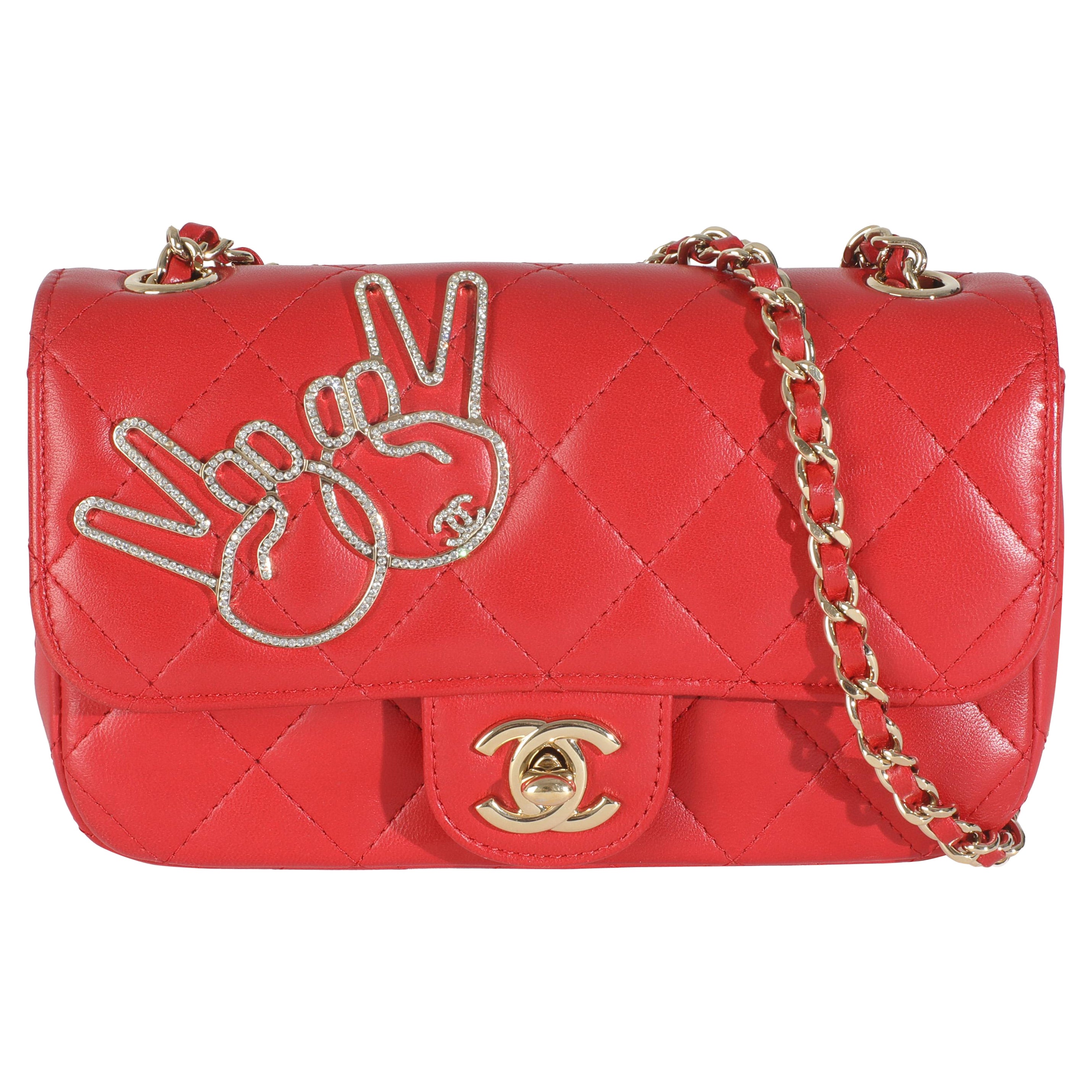 Chanel Red Quilted Lambskin V For Victory Mini Flap Bag For Sale