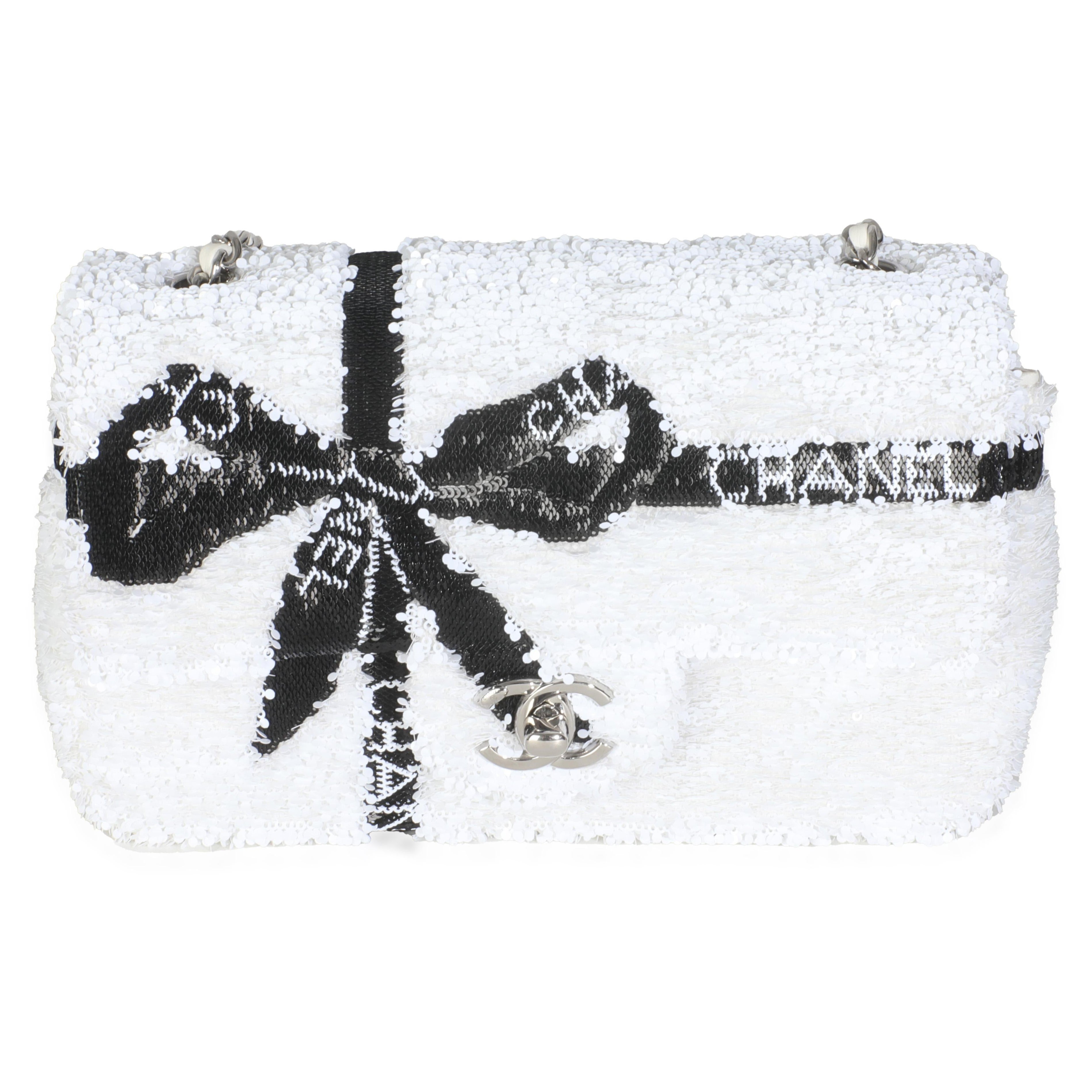 Chanel White Black Sequin Bow Mini Rectangular Flap Bag For Sale