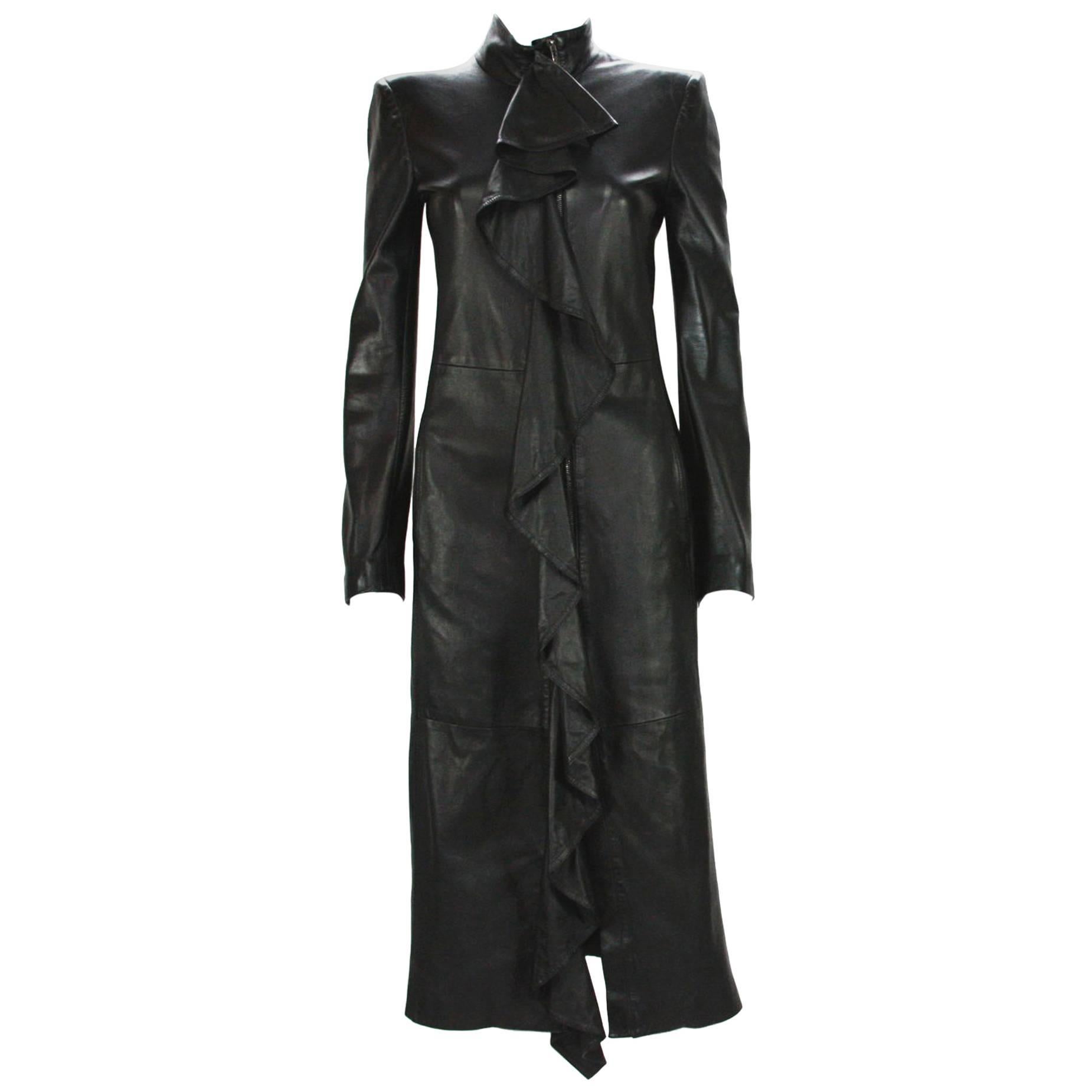 TOM FORD for YVES SAINT LAURENT F/W 2003 Black Leather Ruffle Coat Fr.36 US 4