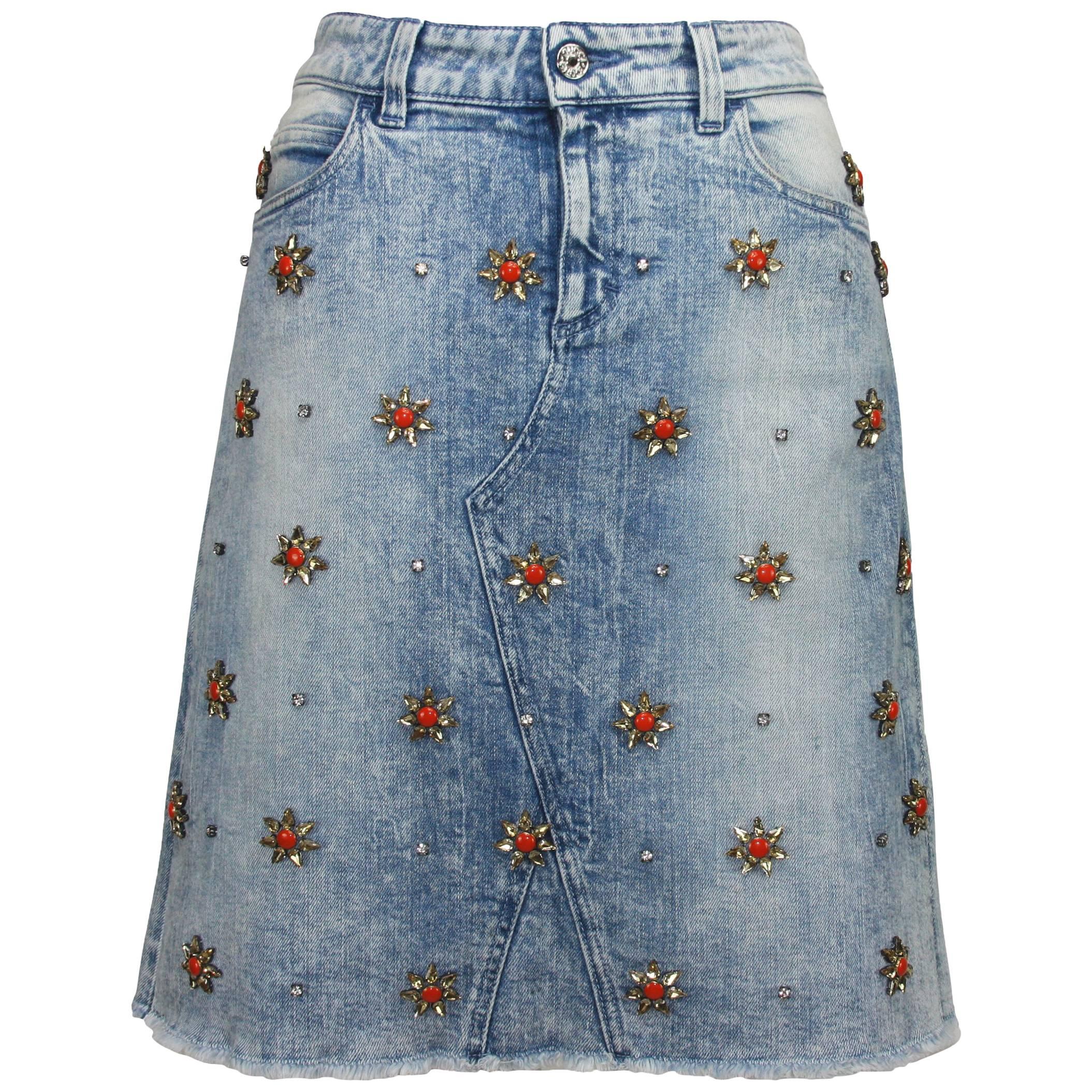 GUCCI Crystal-Embellished Stretch Denim Skirt Recreated After 1999 size 40 - 4 For Sale