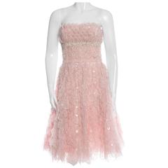 New OSCAR DE LA RENTA Bead Embellished Corset Pale Pink Silk Flare Dress 