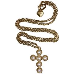 MINT. Vintage Moschino long golden chain necklace with faux pearl cross pendant.