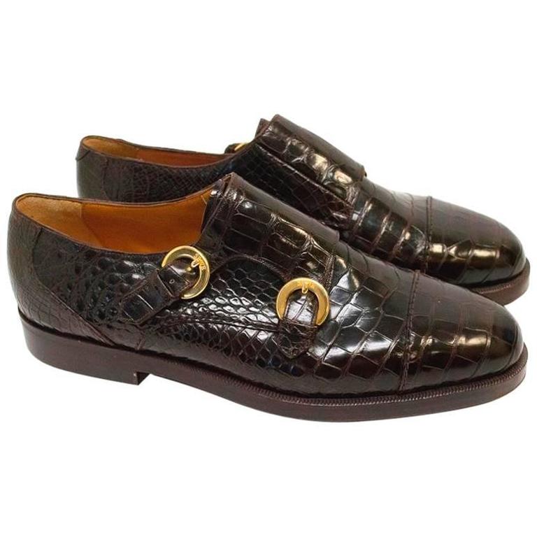 Susan Bennis Warren Edwards Brown Crocodile Monk Strap Shoes For Sale ...