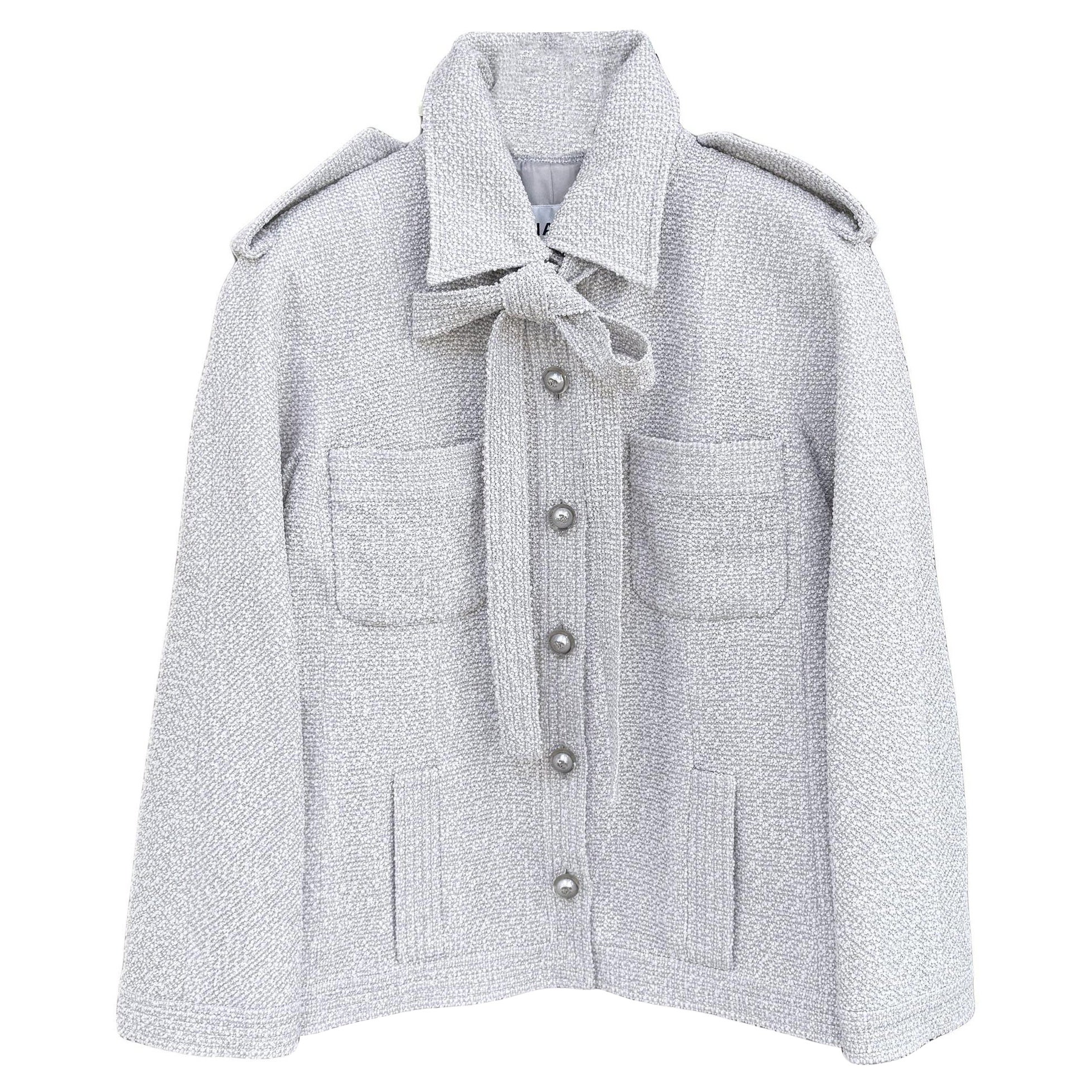 Chanel New Silver Grey Tweed Jacket with Bow 42 FR