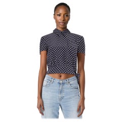Prada Marineblaues & Weißes Seiden-Polkadot-Top mit kurzen Ärmeln Größe M