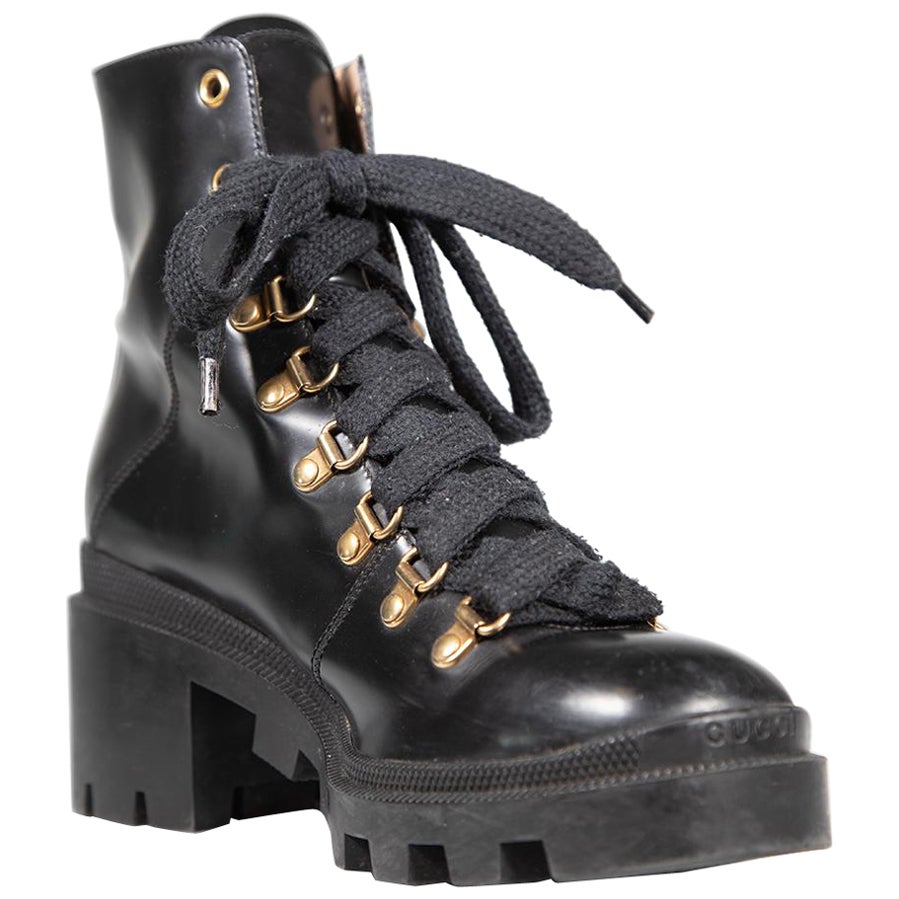 Gucci Stivali da combattimento in pelle nera Sylvie Web Taglia IT 39.5