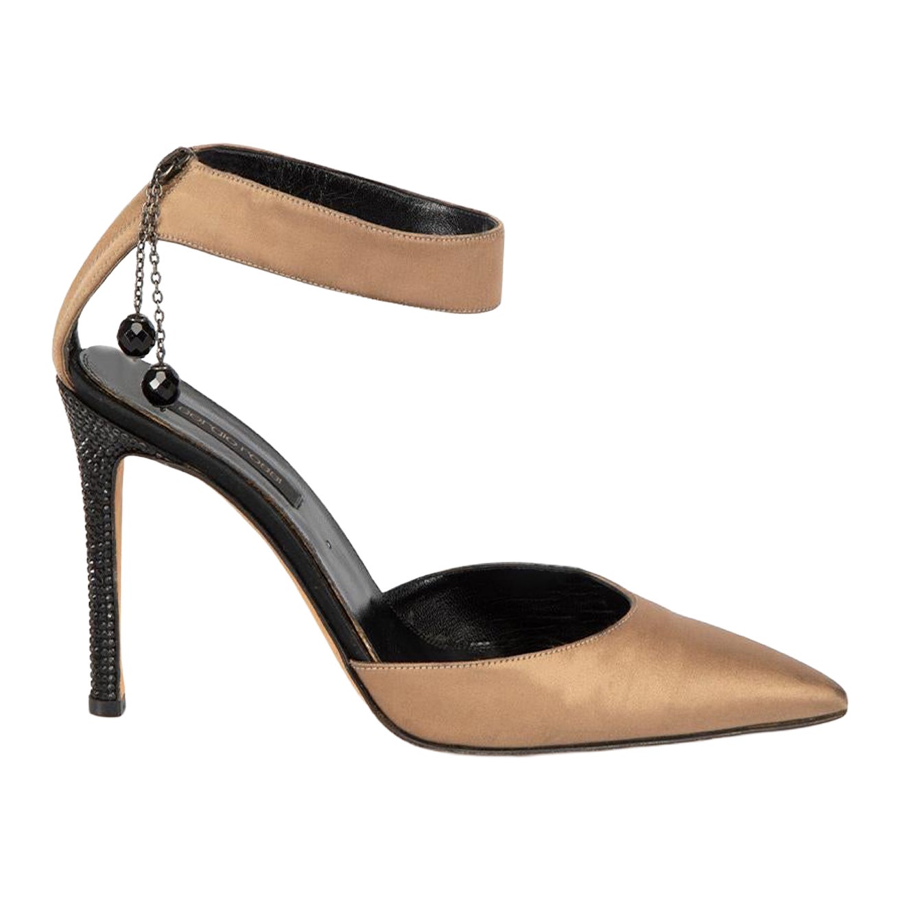 Sergio Rossi Zapatos de tacón de raso marrón con correa al tobillo y detalles de cristal Talla IT 37