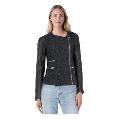 Maje Navy & Black Tweed & Leather Zip Up Jacket Size L