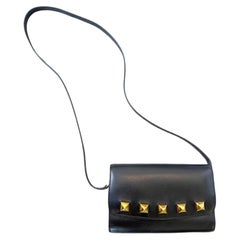 Hermes 1990 Doggy Medor 3 Way Black Gold Studded Crossbody Shoulder Bag Clutch