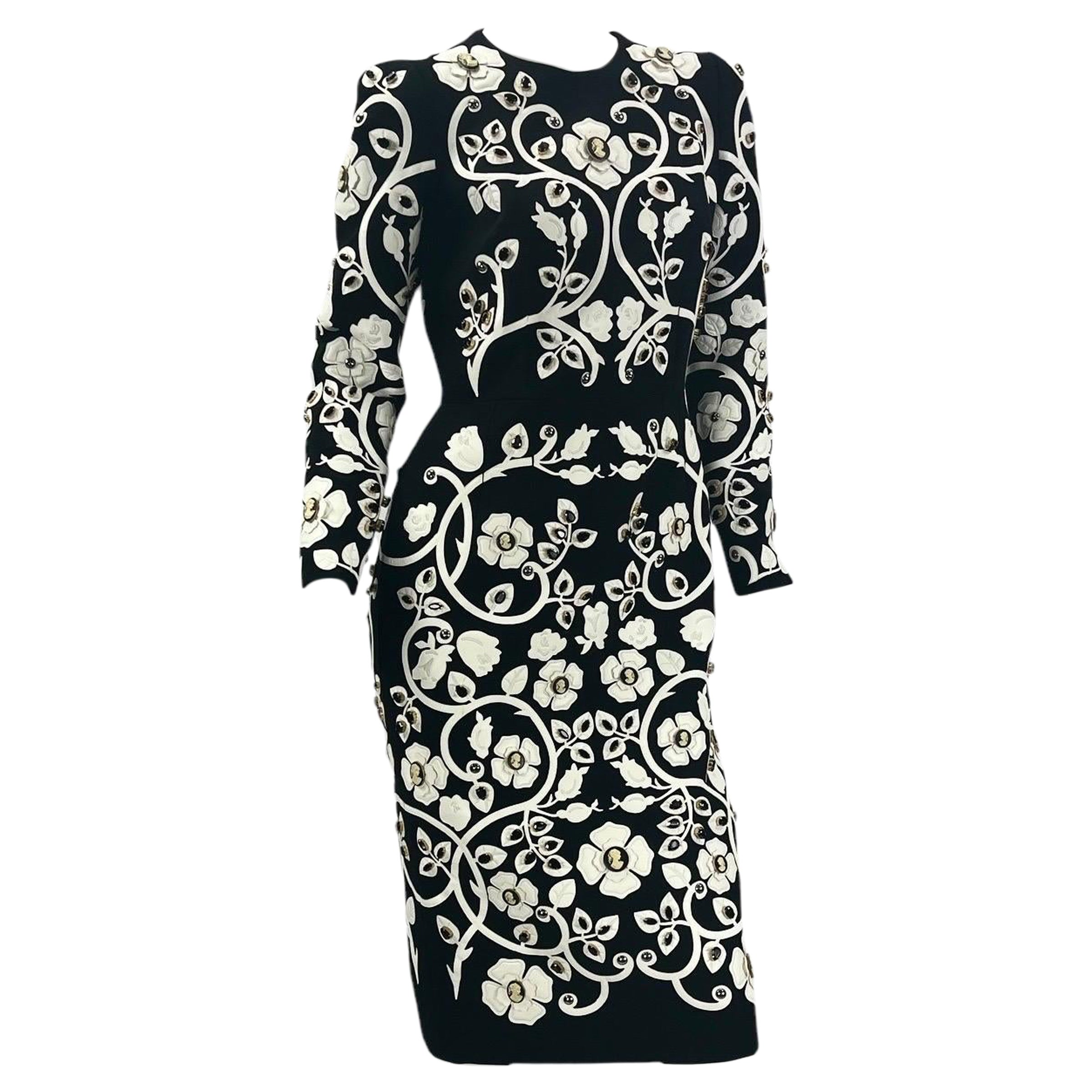 Dolce & Gabbana Black Dress Crystal & Cameo Embellished White Leather Applique