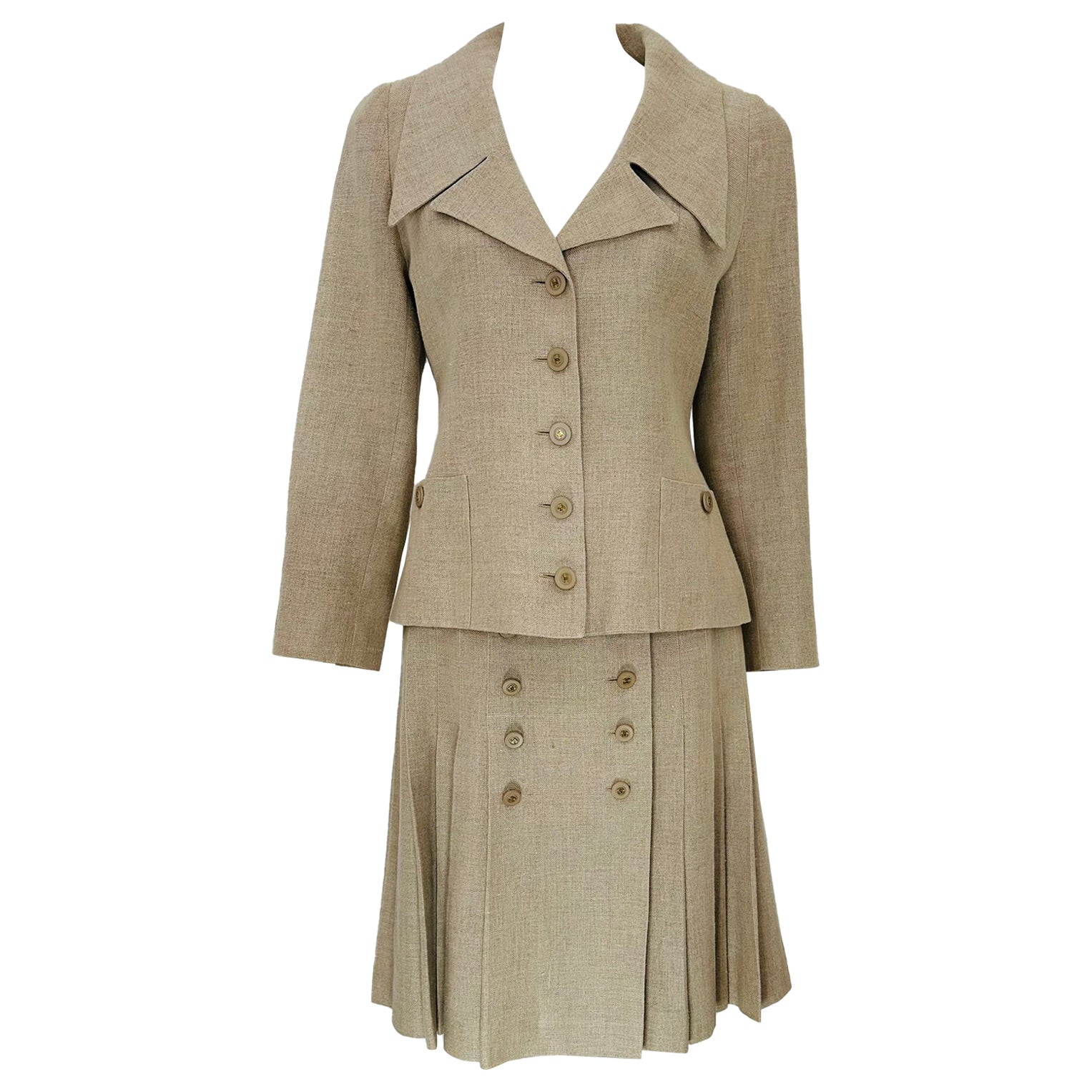 Chanel 1994P Giacca con risvolto in lino naturale e gonna a pieghe 38