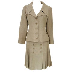 Vintage Chanel 1994P Natural Linen Notched Lapel Jacket & Pleated Wrap Skirt 38