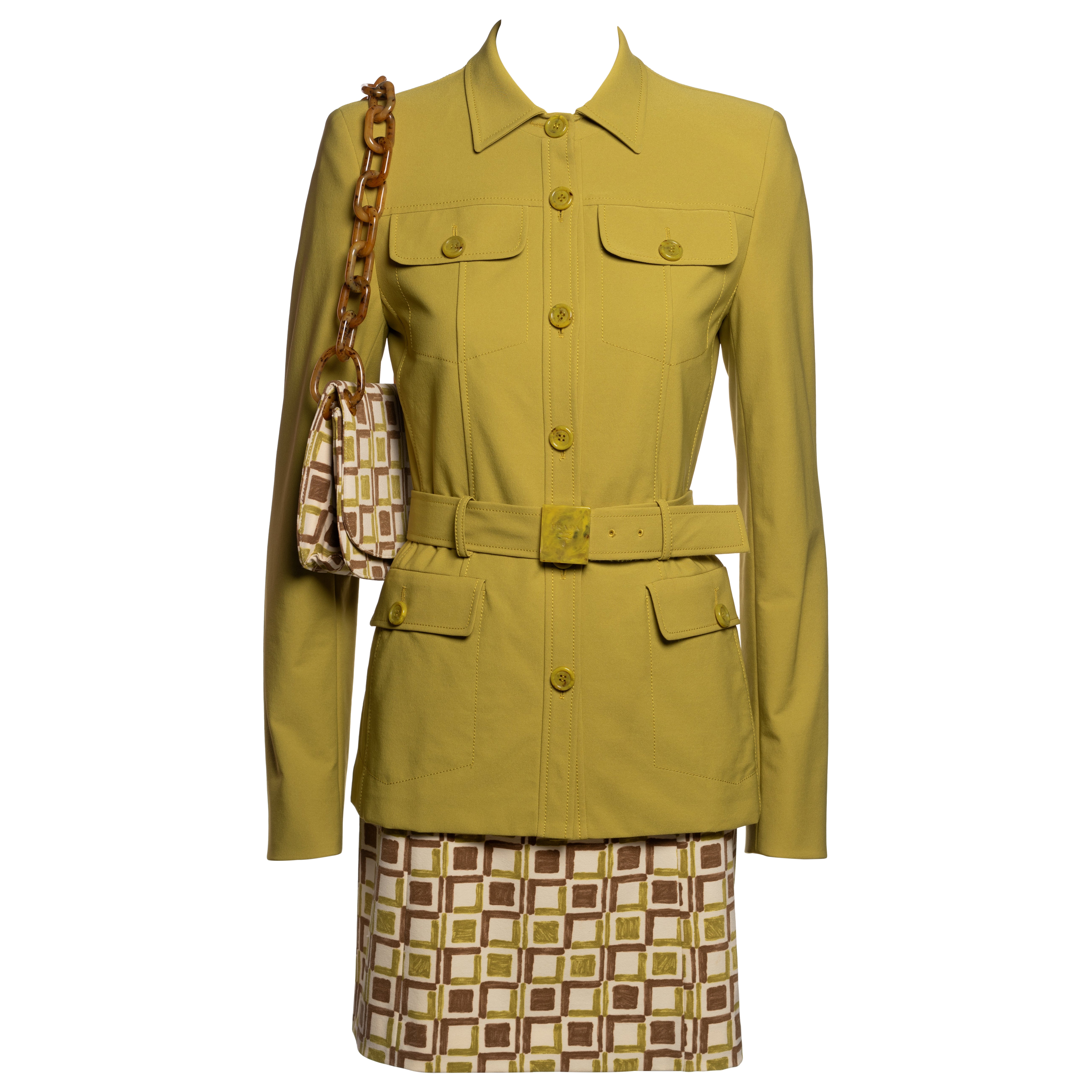 Ensemble veste safari, jupe et sac imprimé chartreuse Prada, SS 1996 en vente