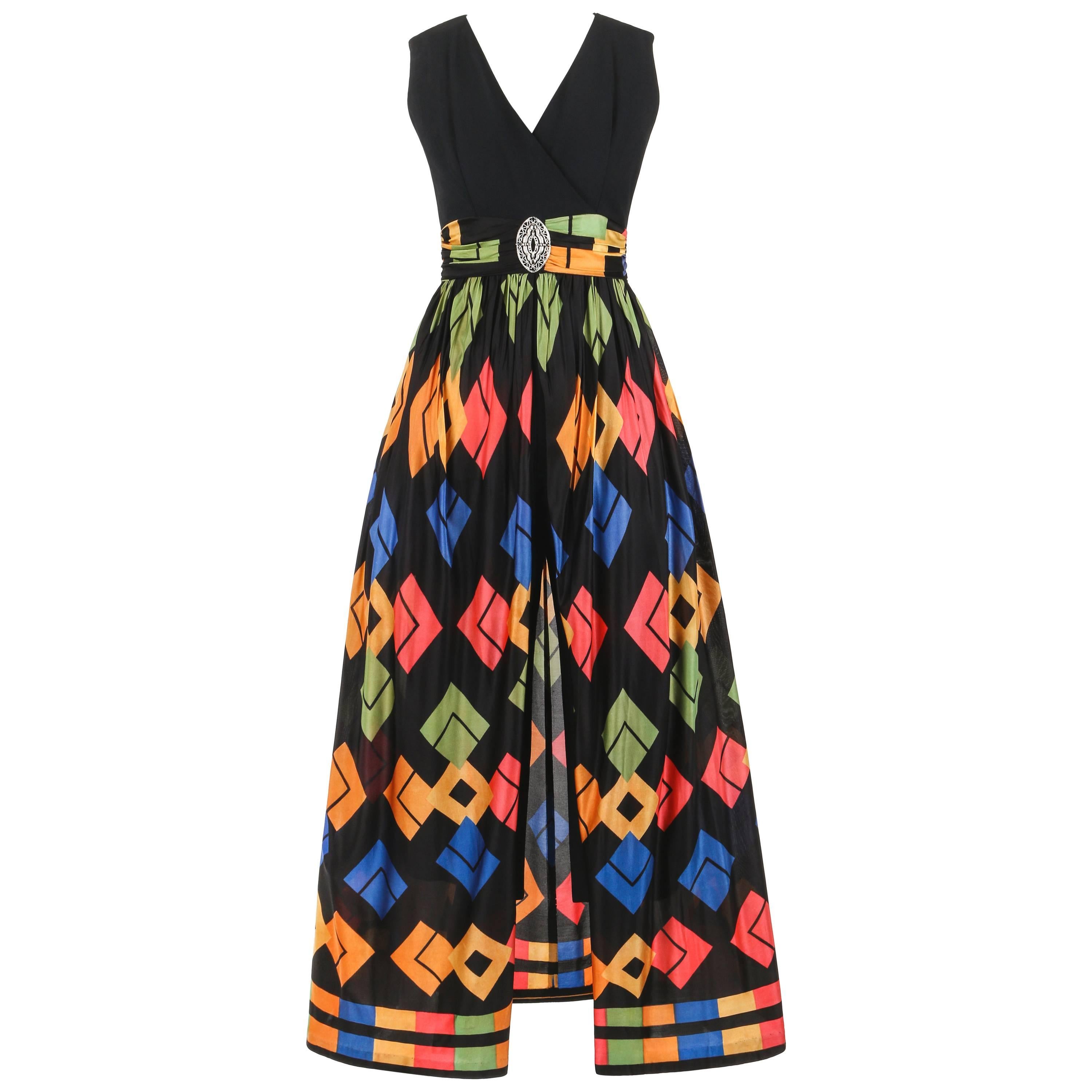 Modern c.1960's Black Jumpsuit + Multicolor Geometric Print Skirt Overlay