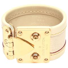 Louis Vuitton Leather and Gold Plated Brass Hardware Cuff Bracelet 3