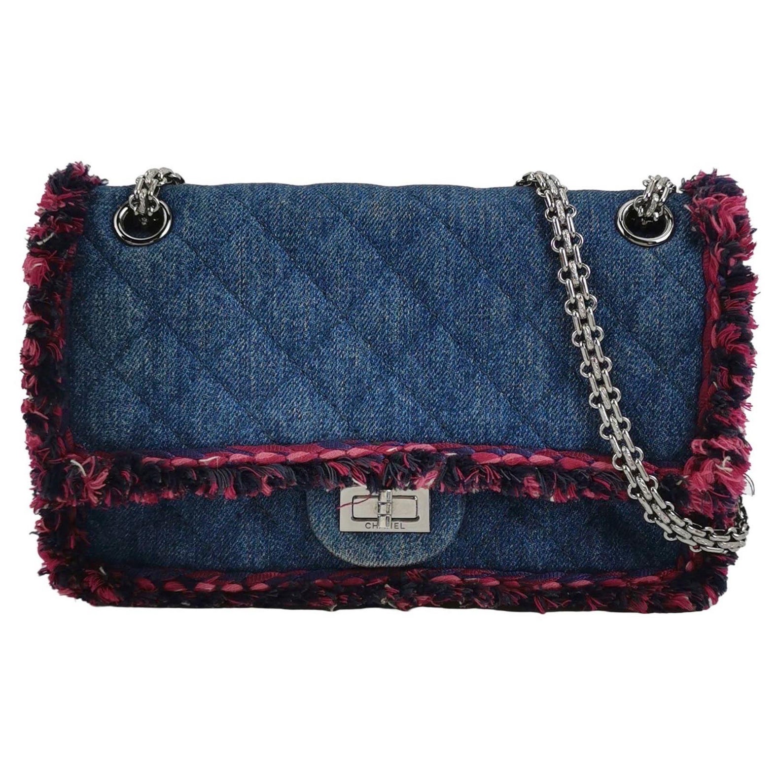 Chanel 2.55 Double Flap Medium Denim Tweed Edges Silver Hardware
